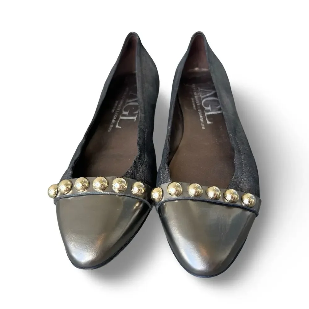 AGL Attilio Giusti Leombruni Leather Patent Cap Toe Chain Flats EU 39 US 8.5